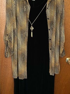 Black Long Sleeve Women's Dress with Gold Patterned Overlay
